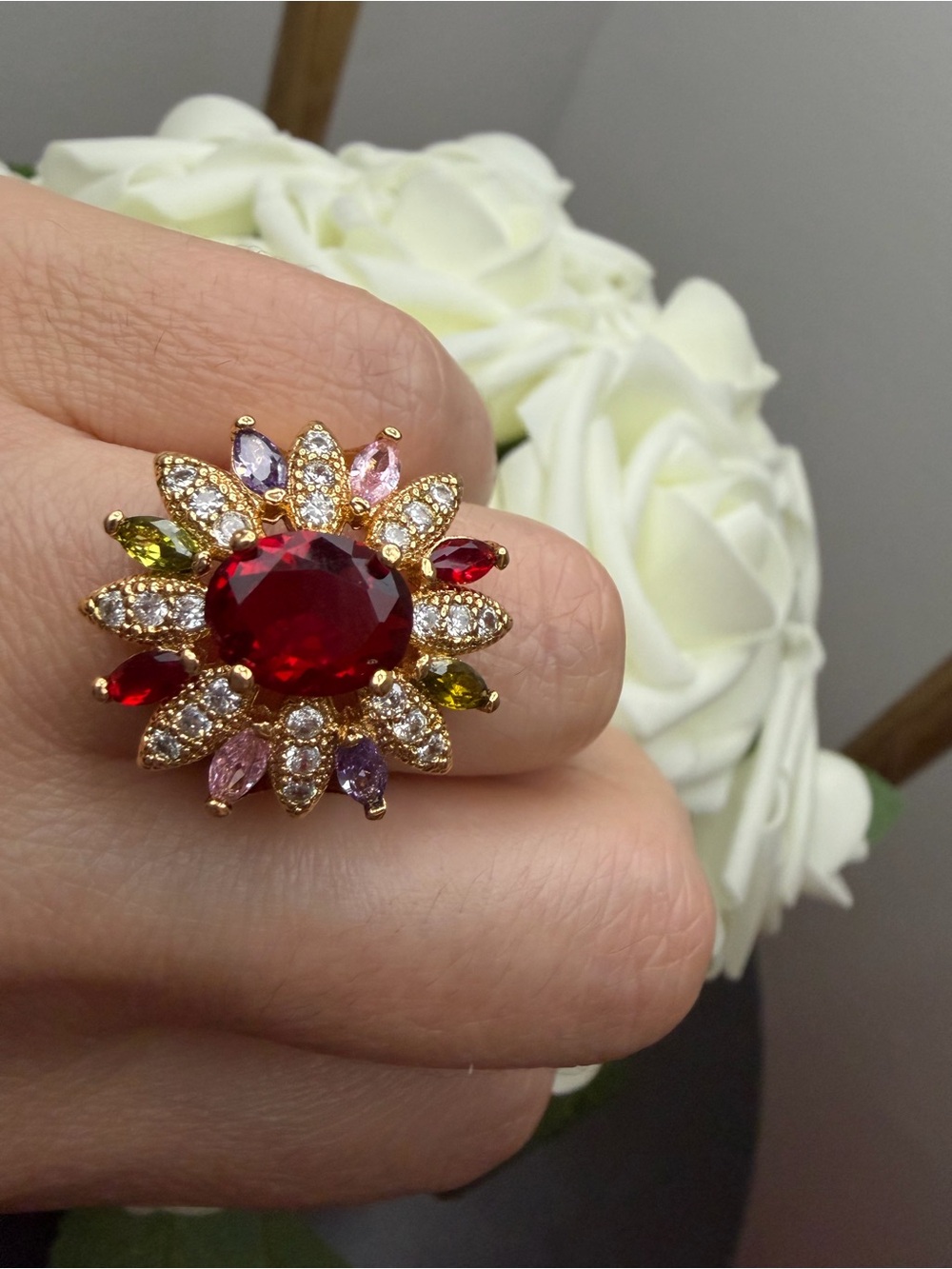 Gold-plated  Multi-Gem Flower Ring with Red Center